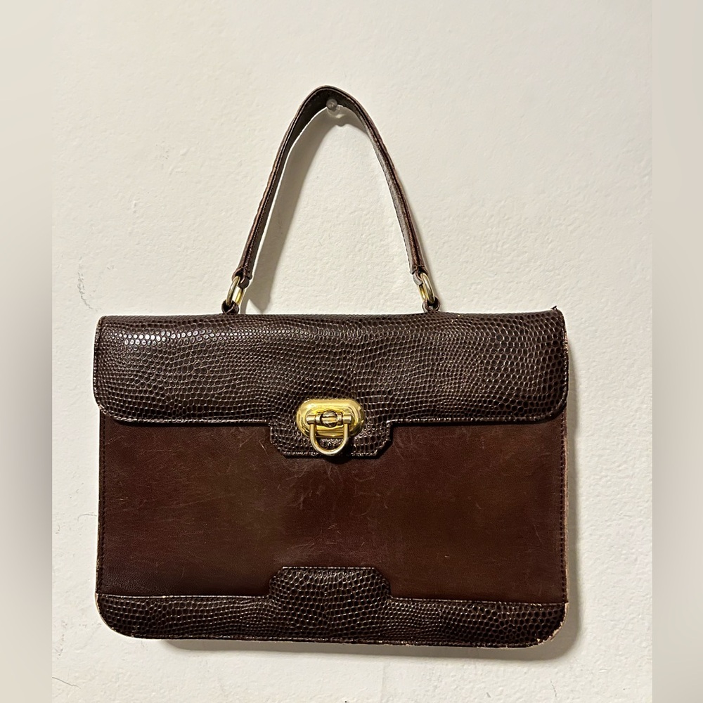 Vintage Brown Leather Briefcase Handbag Accordian Style Gold Detailing